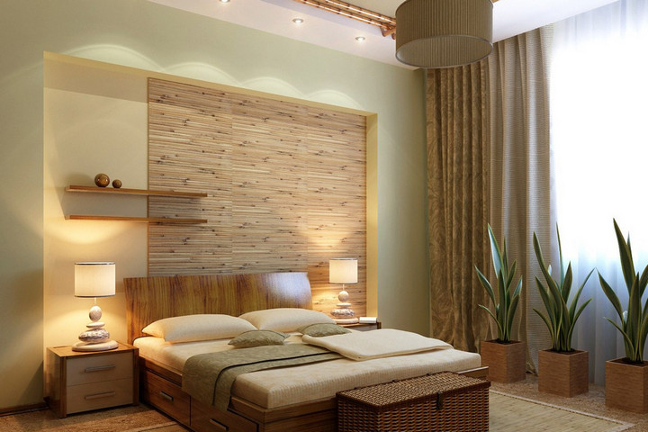 Эко-стиль спальни с множеством дерева и растениями