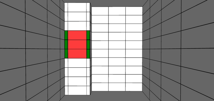 Раскладка плитки на ревизионном люке: красным выделены целые плитки; зеленым — узкие подрезки