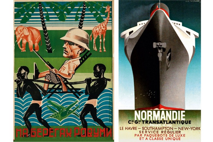 1 - Плакат “На берегах Ровуми”, художник Йозеф Кузовски, 1928; 2 - Постер “Нормандия”, художник Адольф Мурон Кассандр, 1938