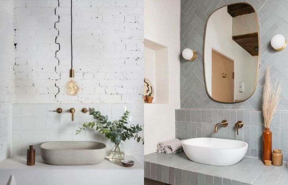 Текстурная стена в ванной комнате из плитки или кирпича