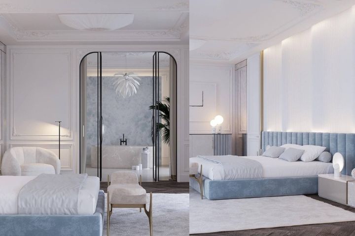 Голубая бархатная кровать в интерьере в стиле модерн и классика