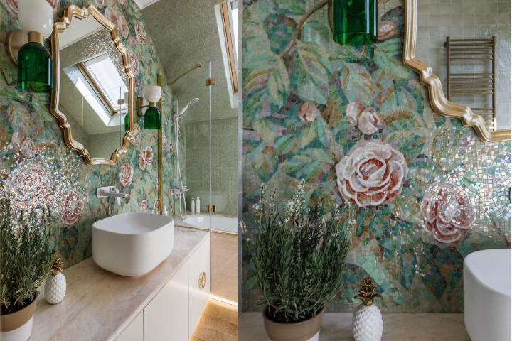 Мозаичный рисунок на стене ванной